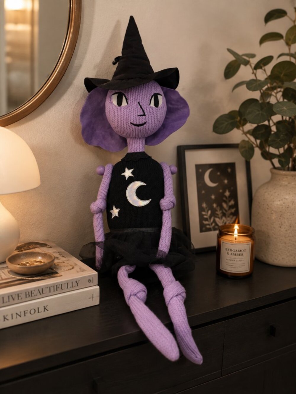 Hyde & EEK! Boutique Knit Witch Character Black Purple Hang or Sit Halloween 35"